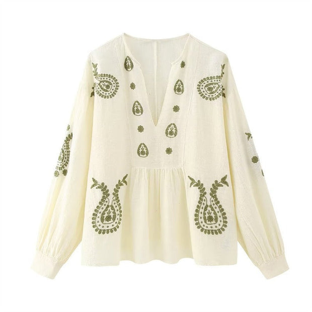 Blusa para mujer de algodón bordado estilo boho escote en pico - Maialen