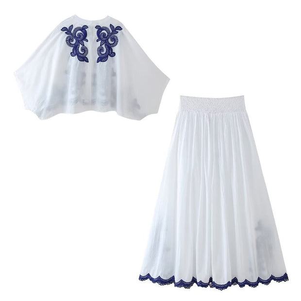 Conjunto para mujer blusa y falda con bordado floral con estilo bohemio - Alondra