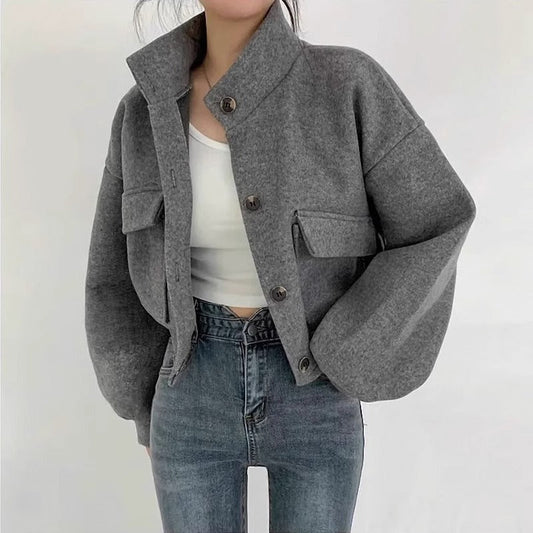 Chaqueta corta de lana gris para mujer - Mauwi
