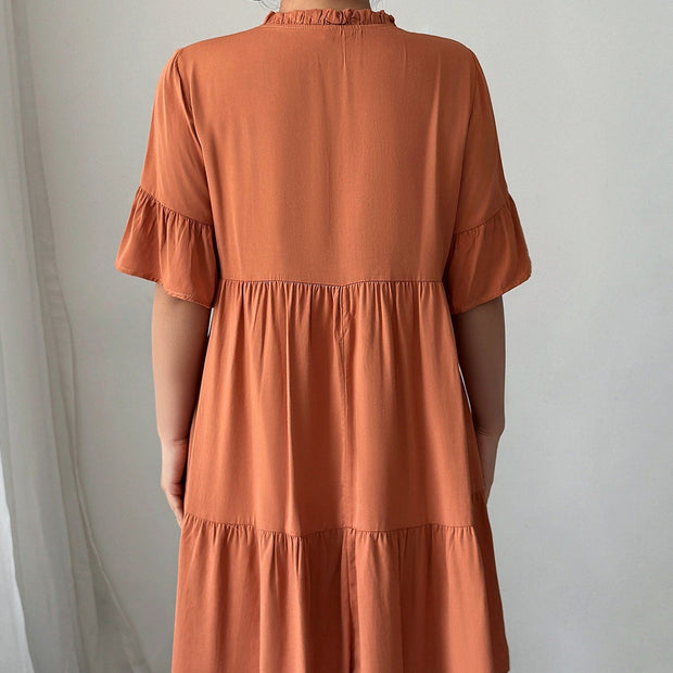 Vestido corto para mujer de algodón con cuello fruncido estilo evasé - Ariana