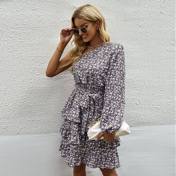 Vestido floral para mujer de manga larga con volante estilo asimétrico - Emilia