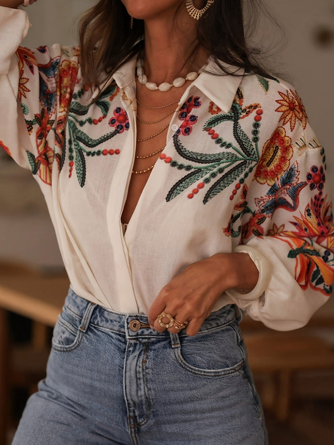 Blusa mujer algodón bordado floral estilo bohemio - Almudena