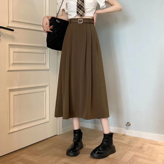 Falda midi para mujer de tejido fluido con pinzas frontales corte evasé - Mireille