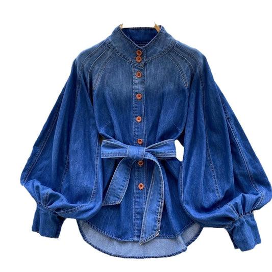 Blusa de mujer denim con mangas abullonadas y cinturón - Elara