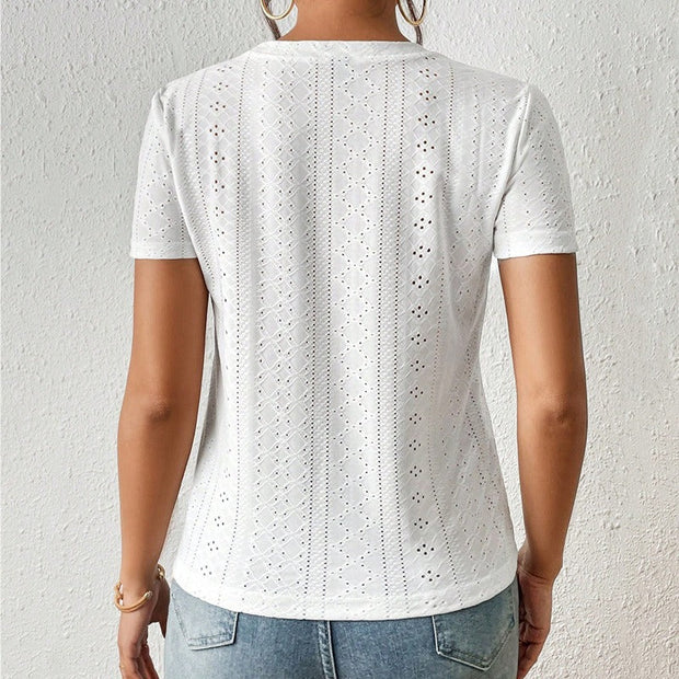 Camiseta de mujer en algodón bordado con manga corta y cuello redondo - Livia