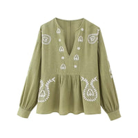 Blusa para mujer de algodón bordado estilo boho escote en pico - Maialen