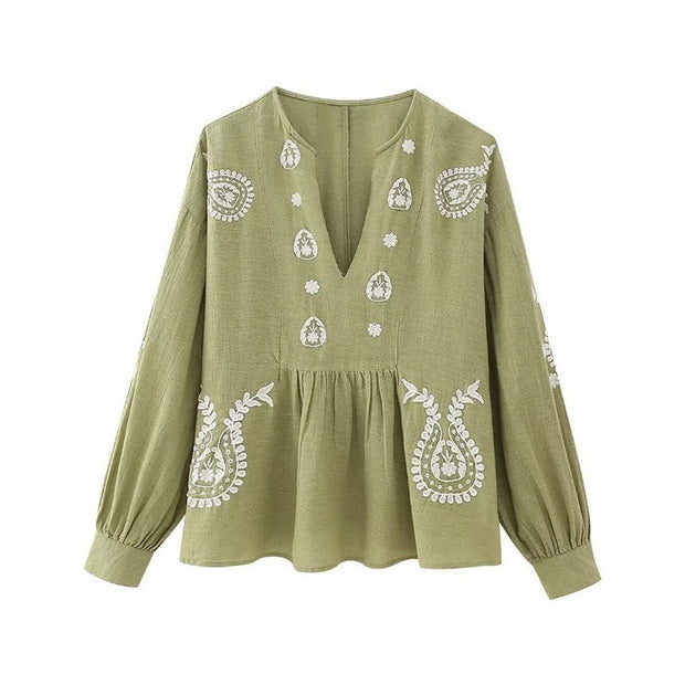 Blusa para mujer de algodón bordado estilo boho escote en pico - Maialen