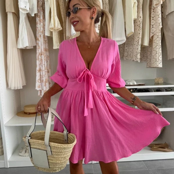 Vestido corto de mujer con escote fruncido y manga abullonada - Céline