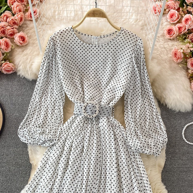Vestido largo para mujer lunares cinturón estilo elegante - Colette
