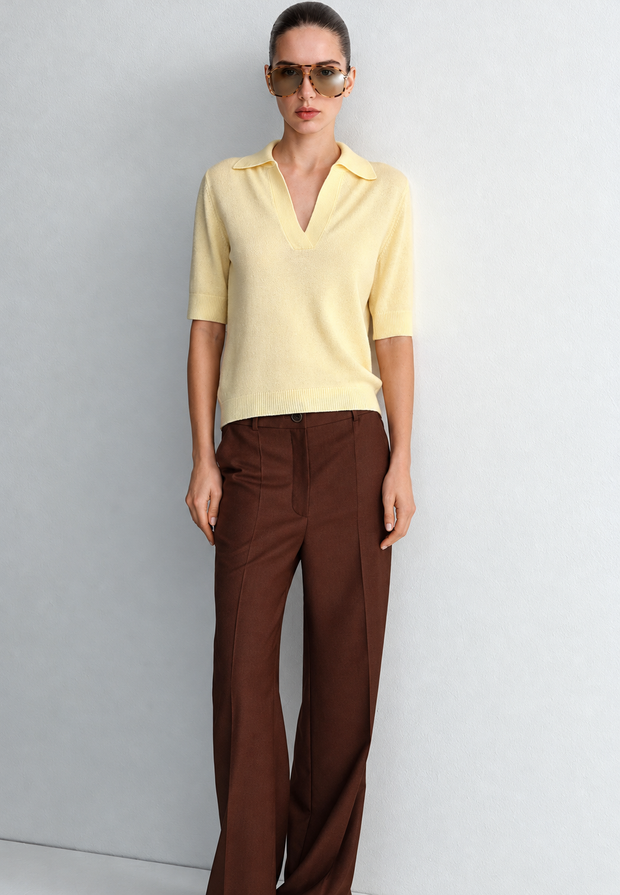 Jersey mujer punto fino cuello polo manga corta escote pico - Lidia