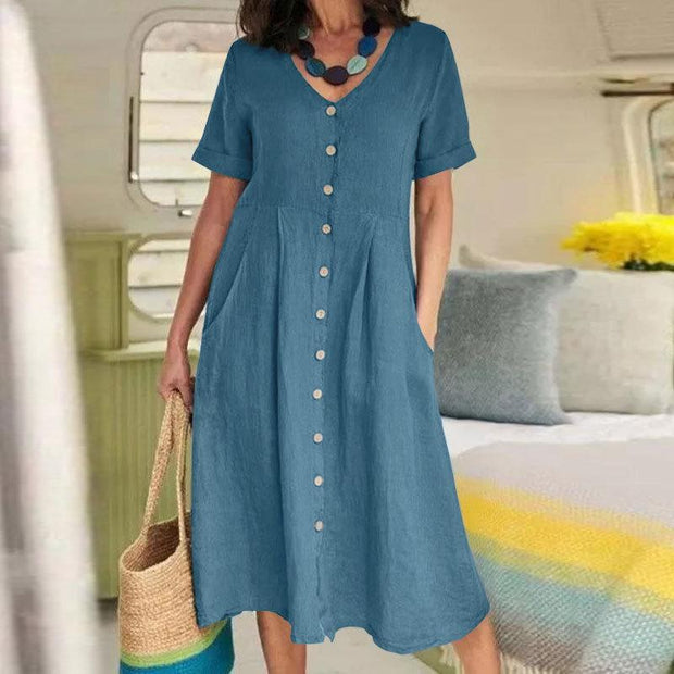 Shana - Vestido liso de talle alto en algodón y lino