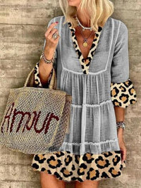 Leona - Vestido de moda de lino con estampado de leopardo y patchwork de algodón
