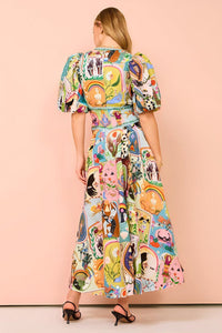 Julia - Vestido midi con escote en pico y mangas abullonadas