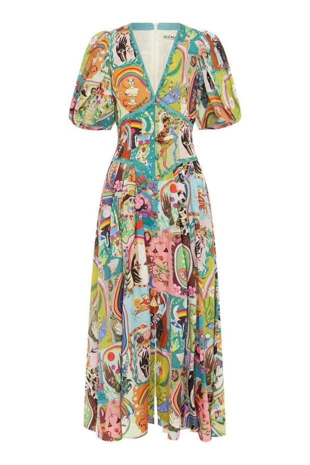 Julia - Vestido midi con escote en pico y mangas abullonadas