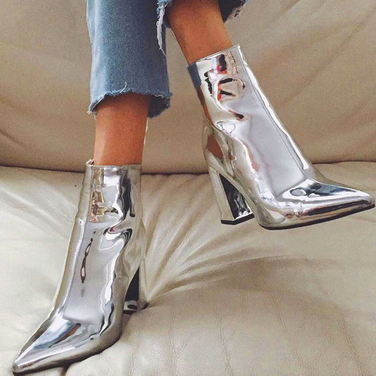Camila - Botines con cremallera lateral y tacón grueso en punta metalizados
