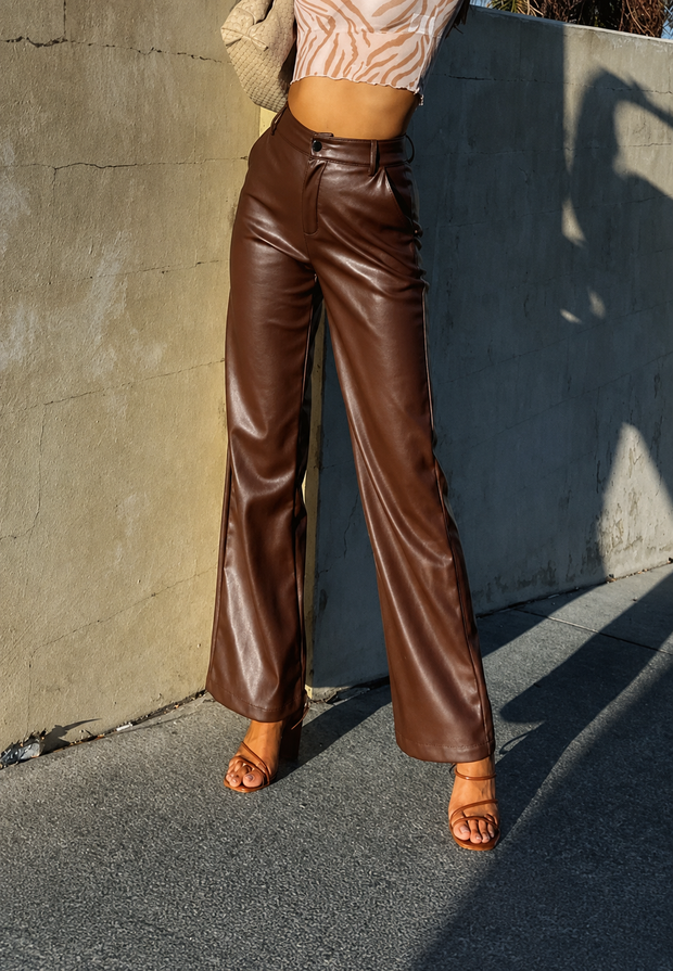 Pantalón mujer efecto piel recto tiro alto - Amandine