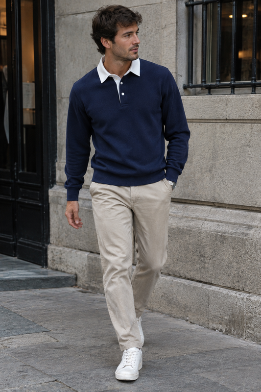 Polo hombre manga larga cuello contraste botonadura corta - Cassian