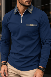 Polo hombre manga larga media cremallera cuello de cuadros - Sören