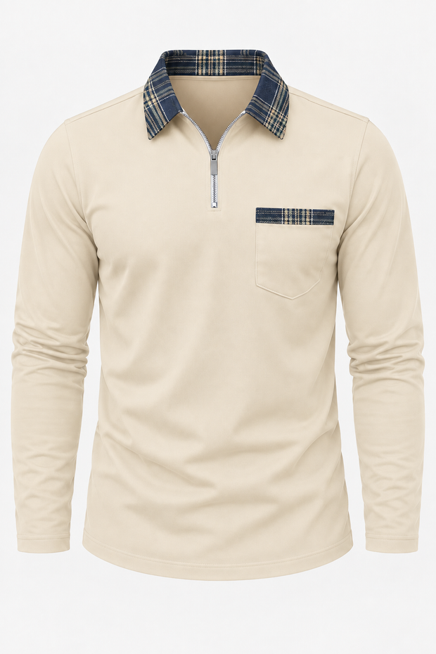 Polo hombre manga larga media cremallera cuello de cuadros - Sören