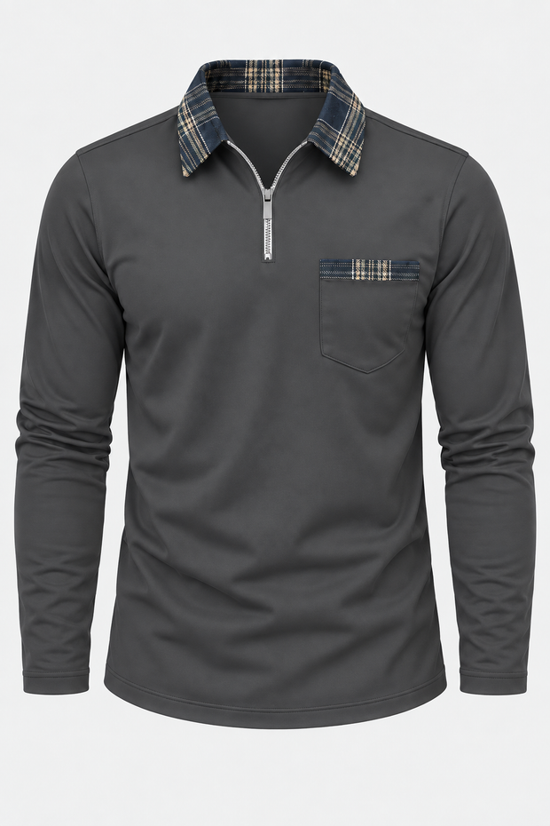 Polo hombre manga larga media cremallera cuello de cuadros - Sören