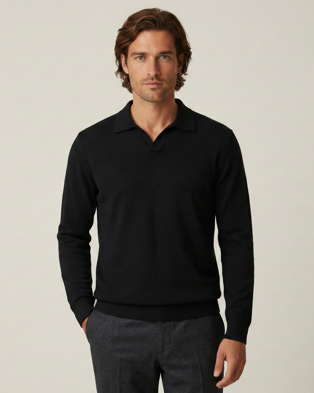 Polo hombre manga larga punto liso cuello abierto - Elian