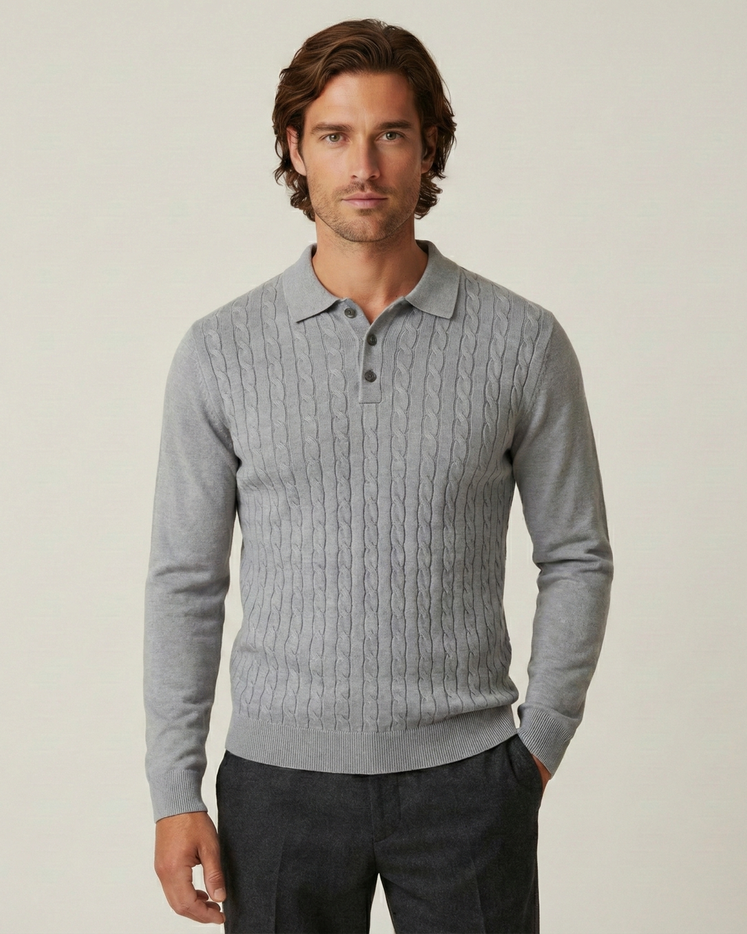 Polo hombre manga larga punto trenzado cuello clásico - Teo