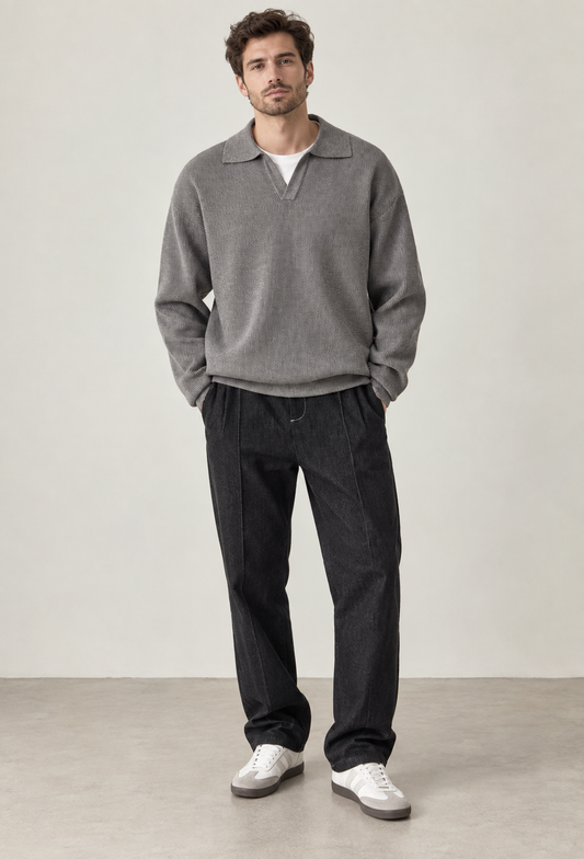 Polo hombre punto texturizado cuello abierto manga larga - Kael