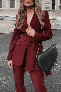 Traje mujer dos piezas blazer con cinturón y pantalón recto - Camilla
