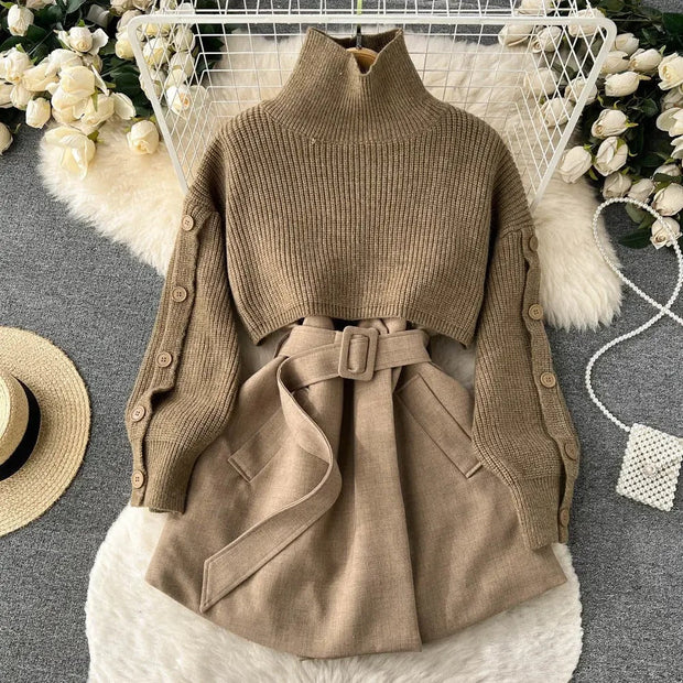 Traje de dos piezas con falda corta de punto y chaleco, elegante y versátil perfecto para un look contemporáneo y femenino