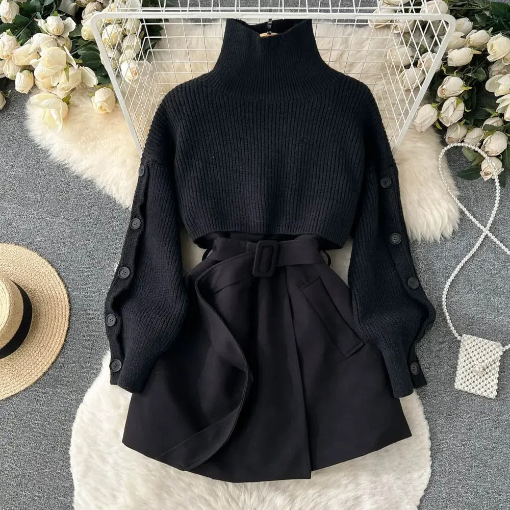 Traje de dos piezas con falda corta de punto y chaleco, elegante y versátil perfecto para un look contemporáneo y femenino