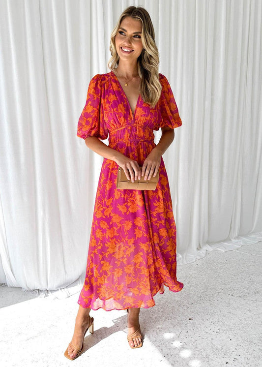 Vestido midi mujer estampado floral manga abullonada - Katy