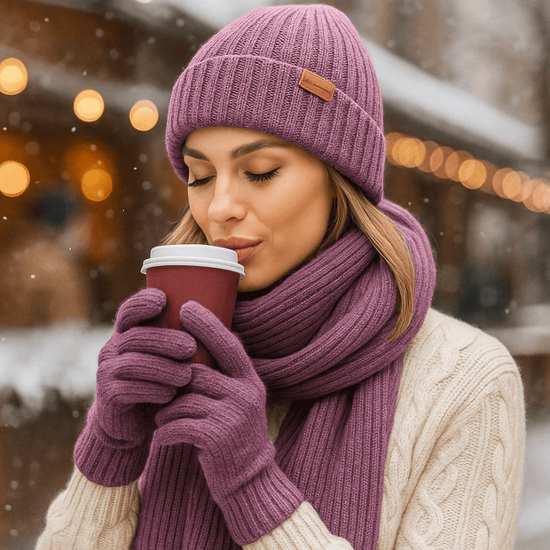 Gorro, bufanda y guantes para mujer efecto tejido - Nevrine